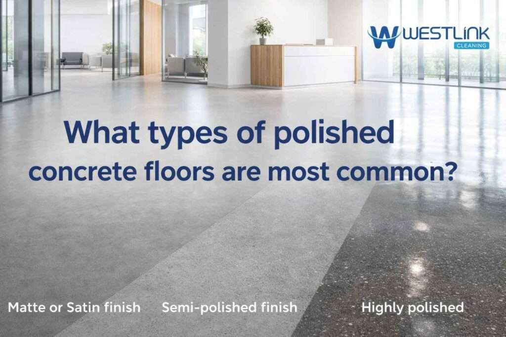 Different polished concrete floor finishes in a modern interior showing matte, satin, and high-gloss surface appearance