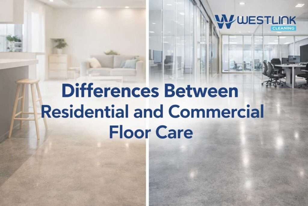 Polished concrete floor care shown in a modern home interior and a commercial space to compare residential and commercial cleaning needs
