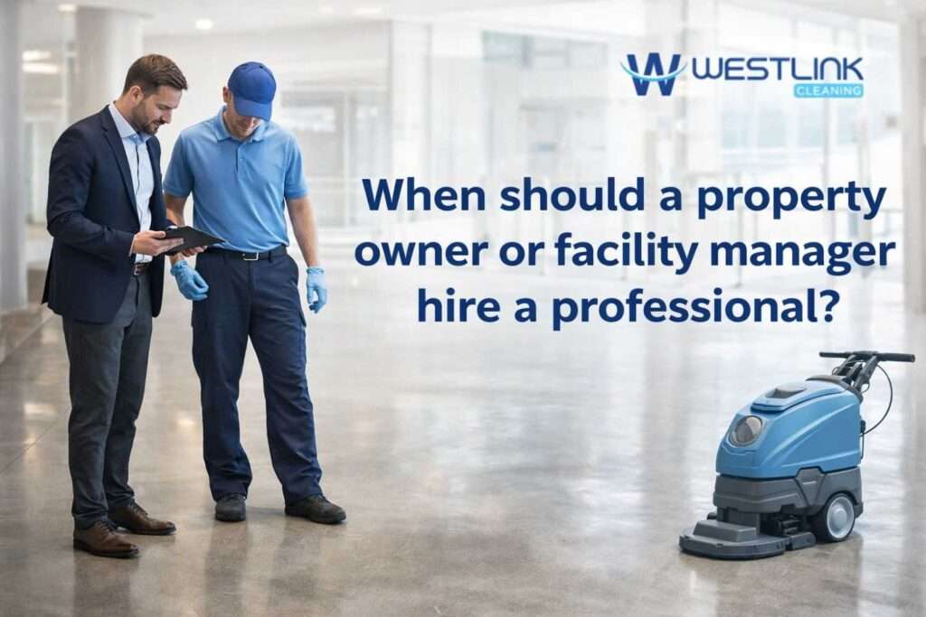 Facility manager reviewing a polished concrete floor with a professional cleaning technician in a modern commercial building