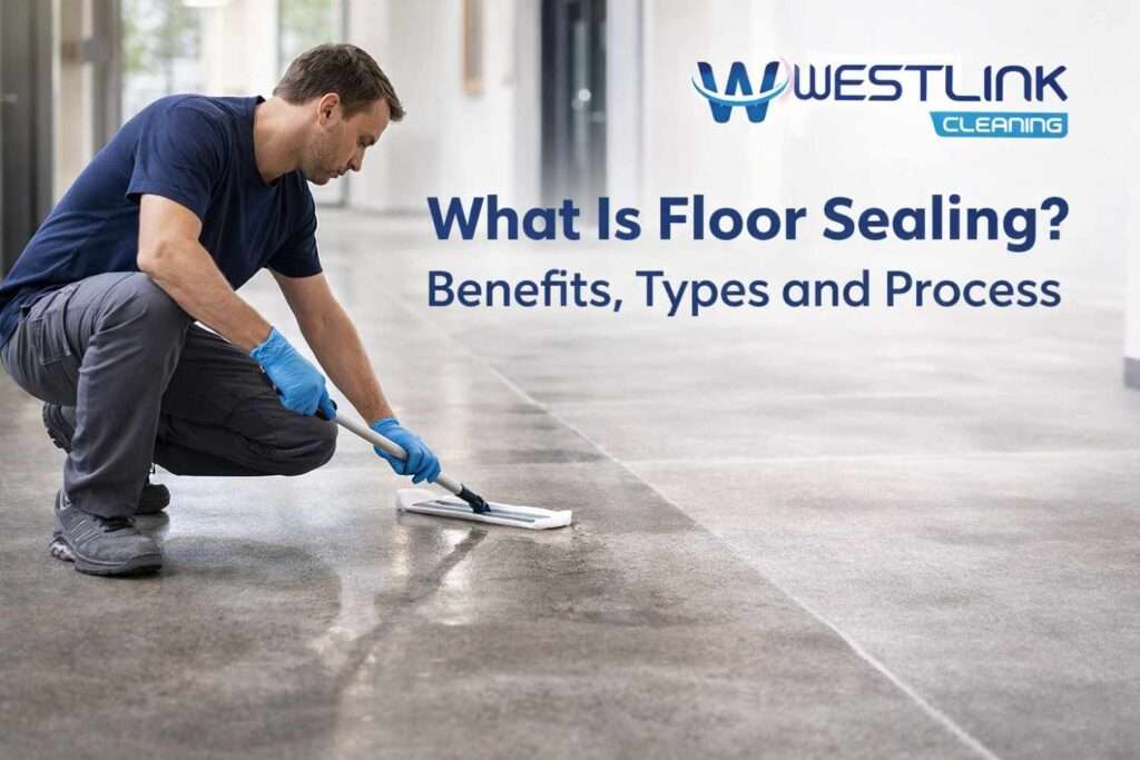Professional technician applying floor sealer to a hard floor in a modern commercial interior