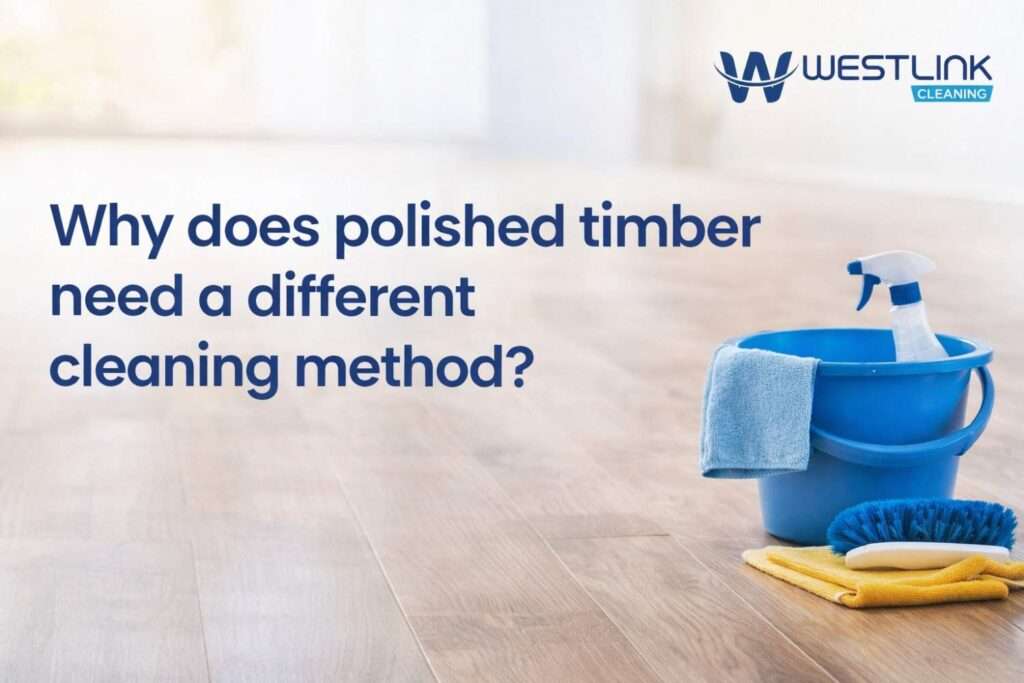 Polished timber floor with fine dust and microfiber mop showing the need for a careful cleaning method
