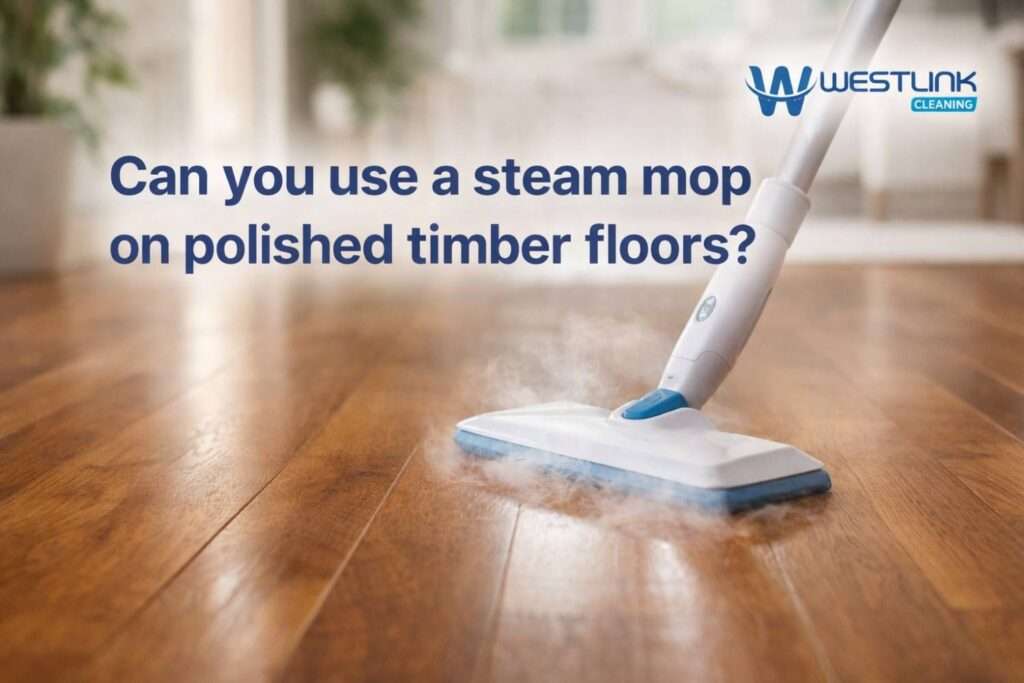 Steam mop on a polished timber floor in a modern home showing heat and moisture near the surface