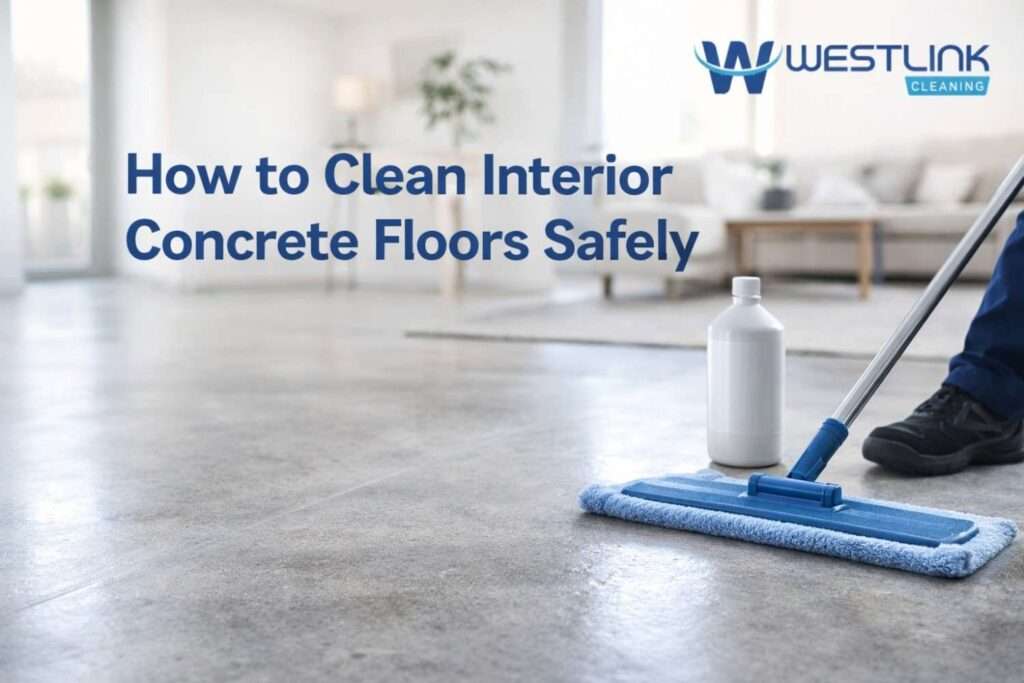 Professional cleaner using a damp microfiber mop on an interior concrete floor with a pH-neutral cleaner nearby in a bright indoor space.