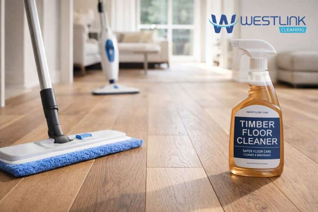 Modern home interior with timber flooring, microfiber mop, wood-floor cleaner, and a steam mop in the background.