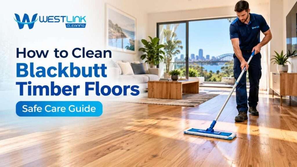 Male cleaner damp-mopping Blackbutt timber flooring in a bright Sydney-style living room.