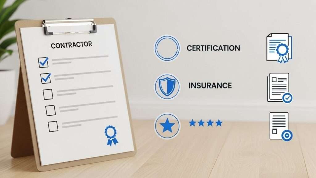Contractor checklist with certification and insurance icons for choosing a floor sanding professional.