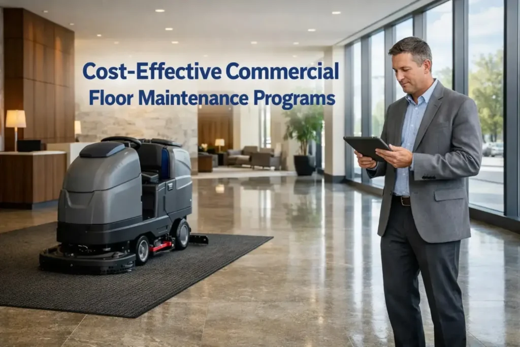 Cost-effective commercial floor maintenance program in a modern commercial office lobby