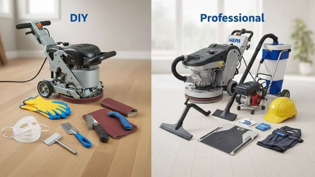 Split-image comparing DIY floor sanding tools with professional-grade equipment.