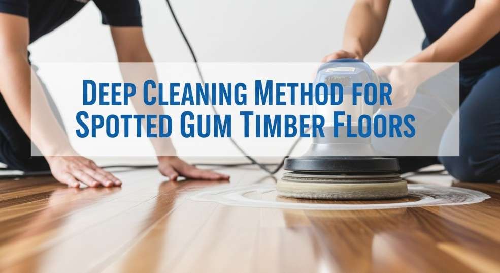 Hardwood floor being deep-cleaned with a floor buffer by two people.