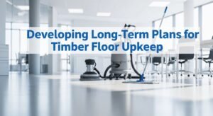 Professional cleaner developing a long-term maintenance plan for timber floors in a modern interior space.
