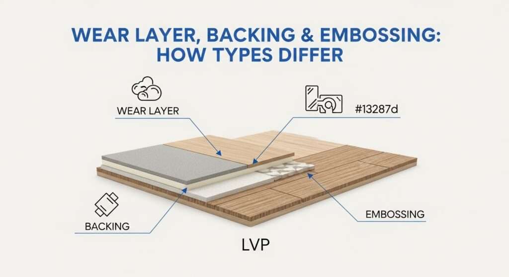 Diagram showing wear layer, backing, and embossing differences in LVP flooring.