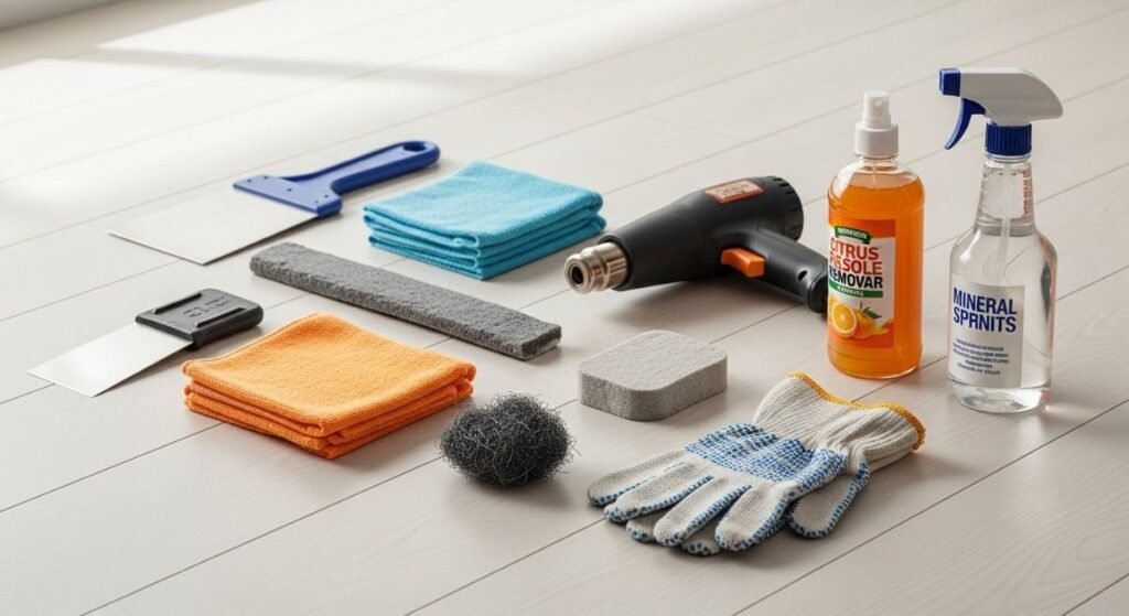 Essential tools for removing rubber underlay residue on timber floors.