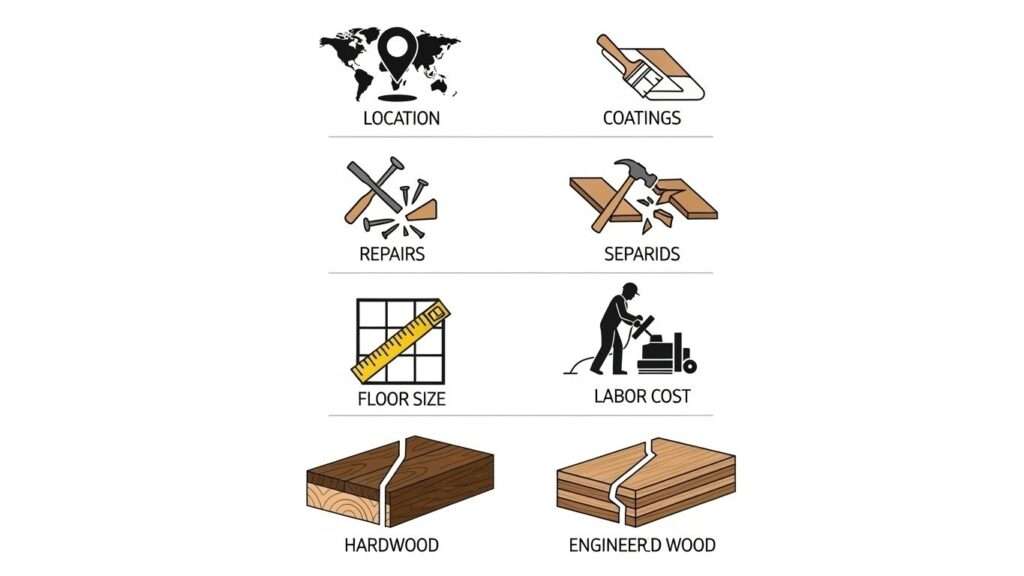 Infographic-style image showing key factors that influence floor sanding and polishing costs.