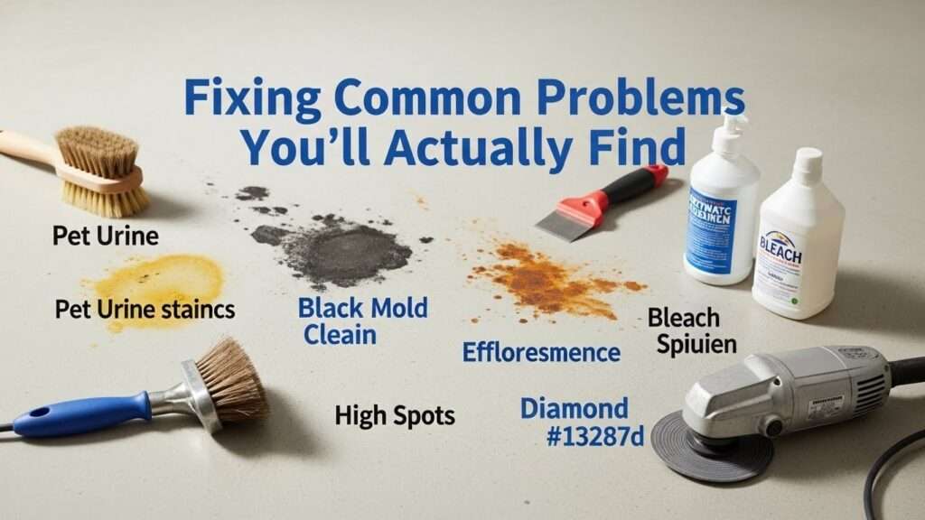 Concrete floor showing common issues like pet stains, mold, rust, efflorescence, and adhesive residues with tools for repair.