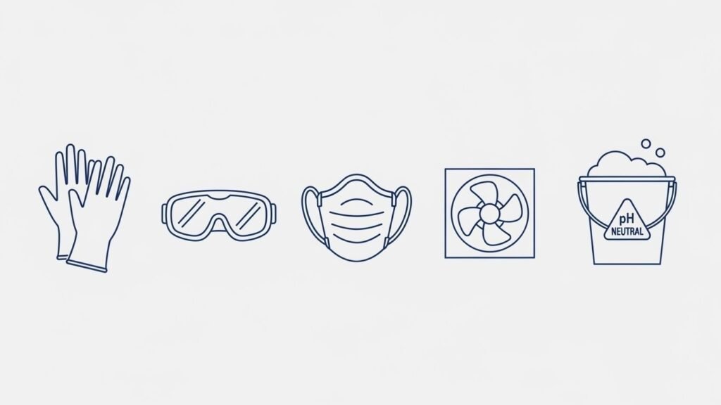 Safety gear and cleaning tools representing essential health and safety precautions for cement floor cleaning