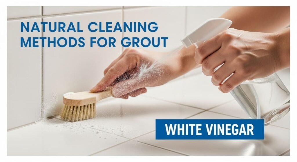 Applying baking soda and vinegar paste to grout lines for natural cleaning.