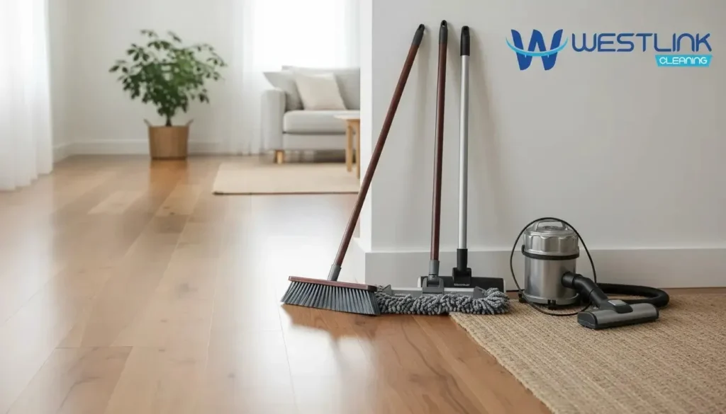 Homeowner following a step-by-step timber floor care plan in a bright interior with cleaning tools and protected timber flooring