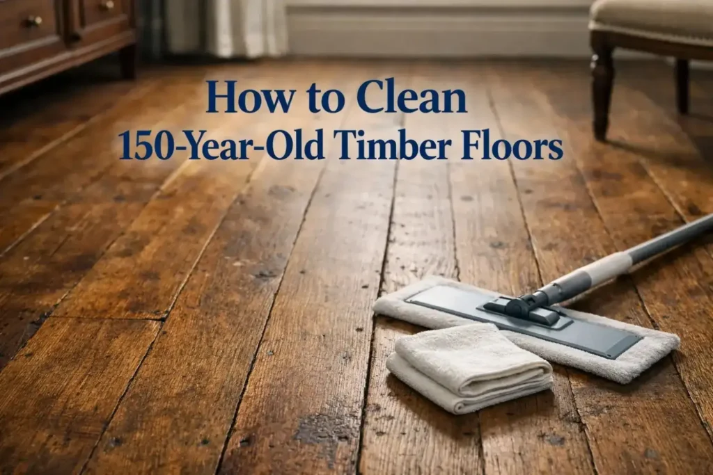 Hyper-realistic historic timber floor with gentle cleaning tools for a blog about cleaning 150-year-old timber floors