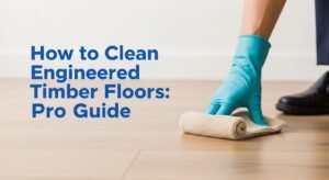 Professional blog thumbnail for “How to Clean Engineered Timber Floors” with blue title text