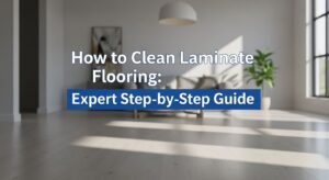 Clean modern living room with shiny laminate flooring and blog title overlay.