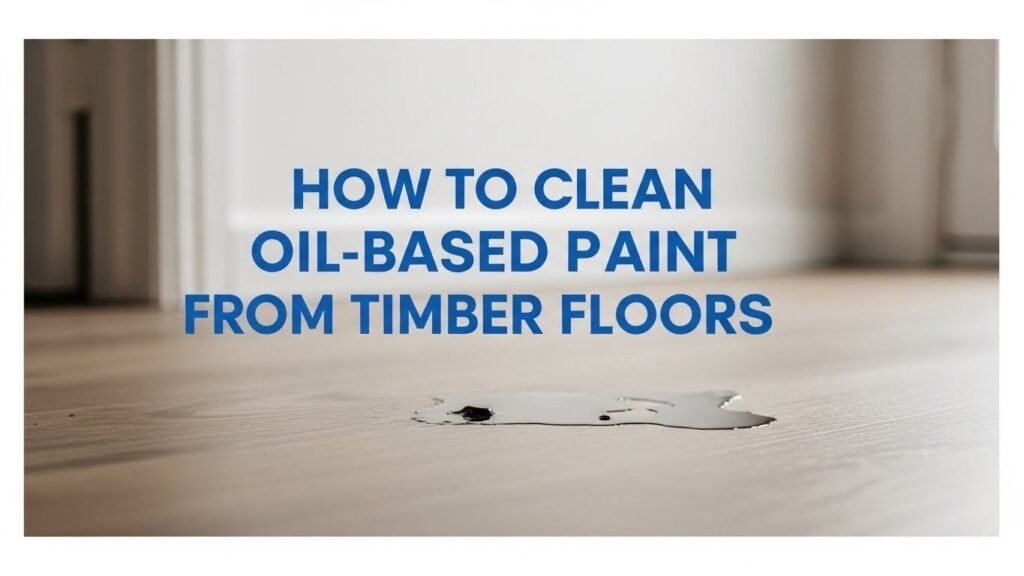 Professional blog thumbnail showing a timber floor with a small paint spill and a bold title about cleaning oil-based paint.