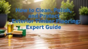 Professional blog thumbnail showing a polished exterior timber deck with cleaning tools, titled 'How to Clean, Polish, and Protect Exterior Timber Flooring: Expert Guide'