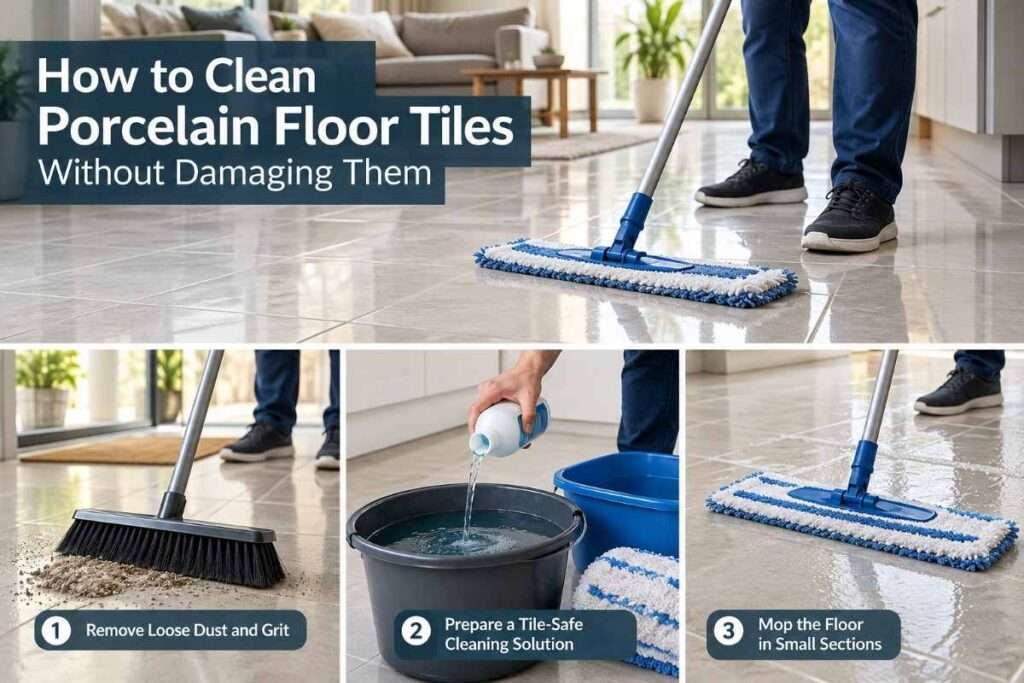 Male cleaner mopping glossy porcelain floor tiles with a microfiber mop