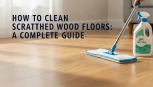 Clean hardwood floor with a small scratch and a microfiber mop beside pH-neutral cleaner.