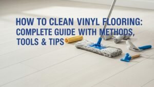 Clean vinyl flooring with microfiber mop and cleaning tools arranged neatly on the floor.