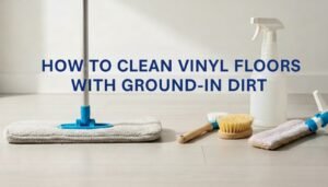 Vinyl floor with cleaning tools arranged neatly for deep cleaning.