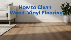 Clean modern living room with wood-look vinyl flooring and a microfiber mop beside it.