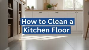 Clean modern kitchen floor with mop and bucket.