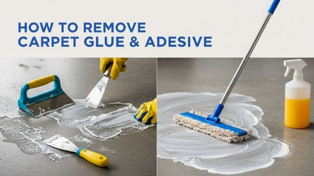 Tools and process for removing carpet glue from a concrete floor, showing scraper, adhesive remover, and partially cleaned surface.