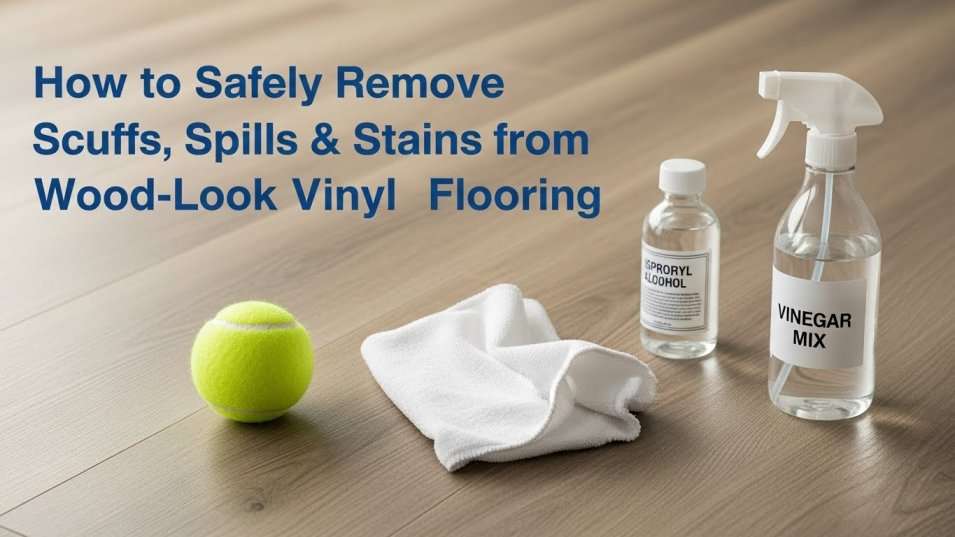 Tennis ball and cleaning supplies on vinyl flooring for scuff removal.