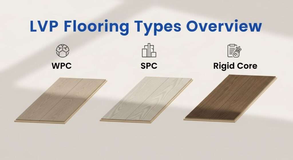 Infographic showing WPC, SPC, and Rigid Core LVP flooring types with labeled plank visuals.