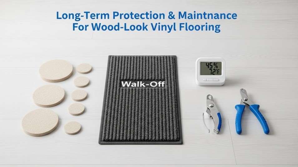 Felt pads, doormat, humidity monitor, and nail clippers on vinyl flooring.