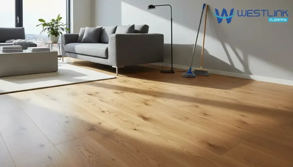 Bright modern home interior with a clean natural timber floor and subtle floor care tools nearby
