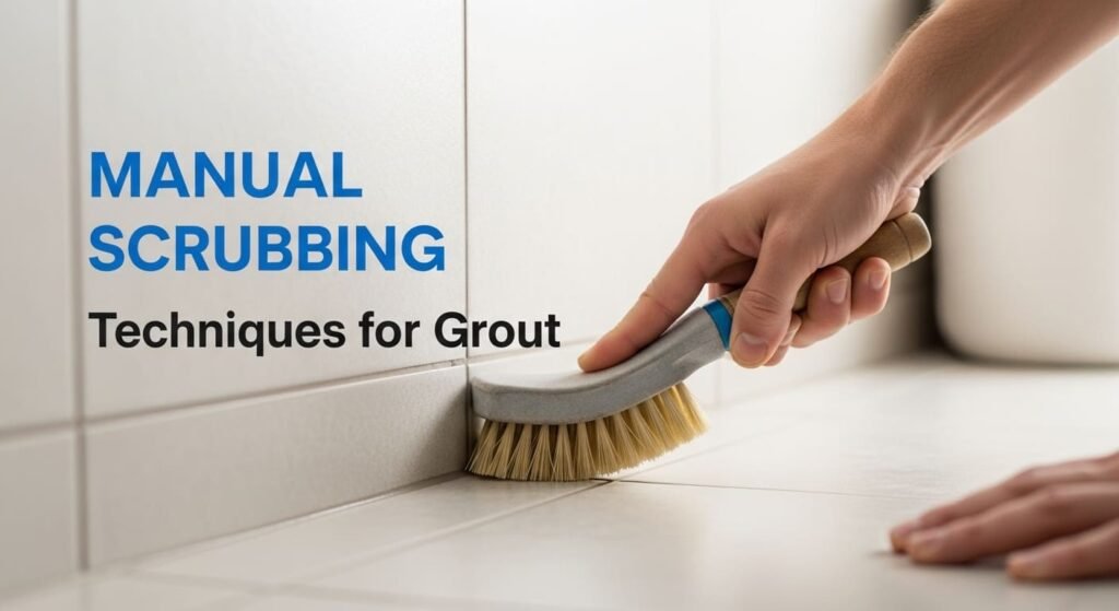 Scrubbing grout lines manually with a stiff brush for precise cleaning.