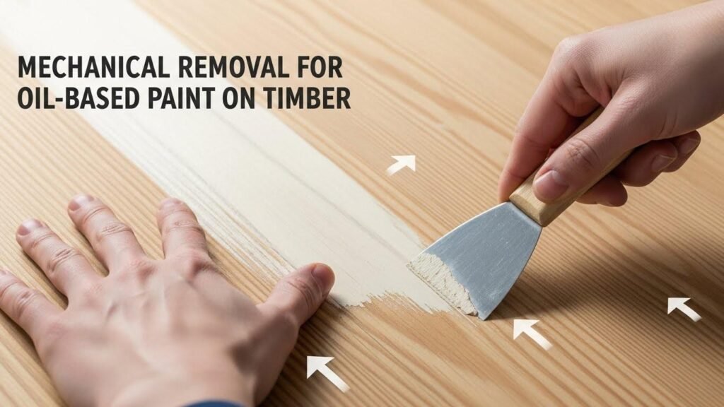 Plastic putty knife gently scraping oil-based paint from a timber floor at a 45-degree angle.