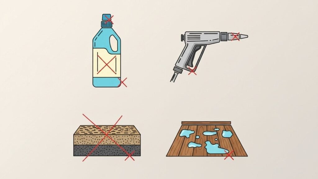 Visual icons showing common cement floor cleaning mistakes to avoid, such as bleach, pressure washing, and abrasive scrubbing.