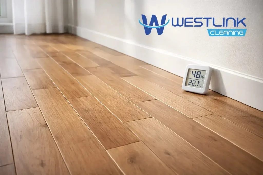 Timber floor with soft window light, humidity monitor, and subtle seasonal spacing changes between boards
