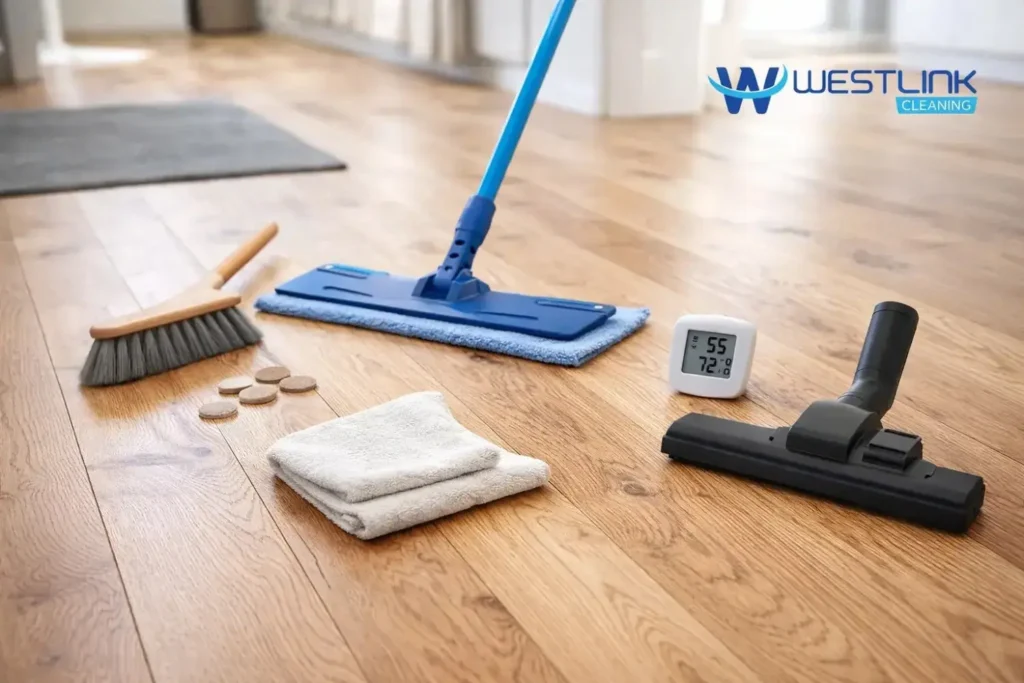 Essential wood floor care tools including microfiber mop, soft broom, felt pads, humidity monitor, and pH-neutral cleaner on a real timber floor