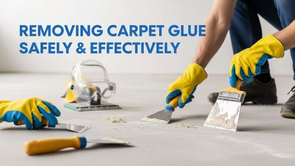 Worker using protective gloves and tools to safely remove carpet glue from a concrete floor with minimal dust and debris.