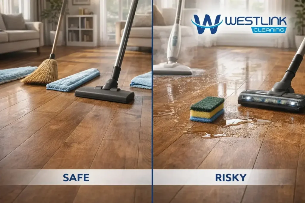Safe wood floor cleaning tools contrasted with risky methods such as excess water, steam, and abrasive tools