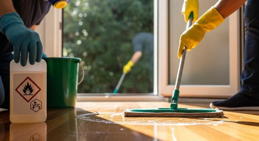 Safety gear and precautions while cleaning timber floors.