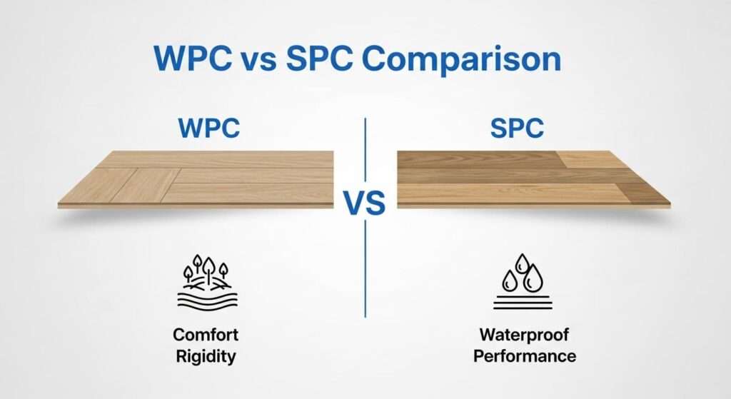 Side-by-side comparison graphic of WPC and SPC LVP flooring with key features.