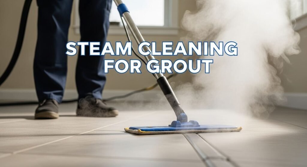 Professional using steam cleaner on grout lines of tile floors.