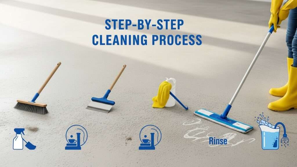 Visual guide showing multiple stages of cleaning a concrete floor after carpet removal, including sweeping, scraping, and washing.