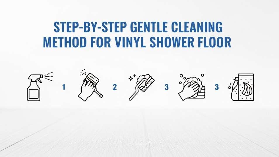 step-by-step vinyl shower floor cleaning method with illustrative icons.