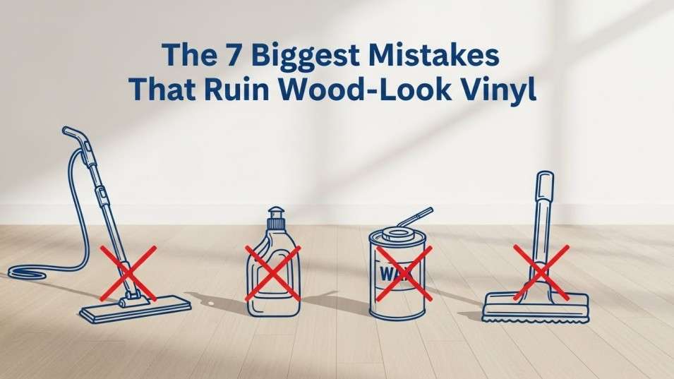 Incorrect vinyl floor cleaning tools with warning symbols.